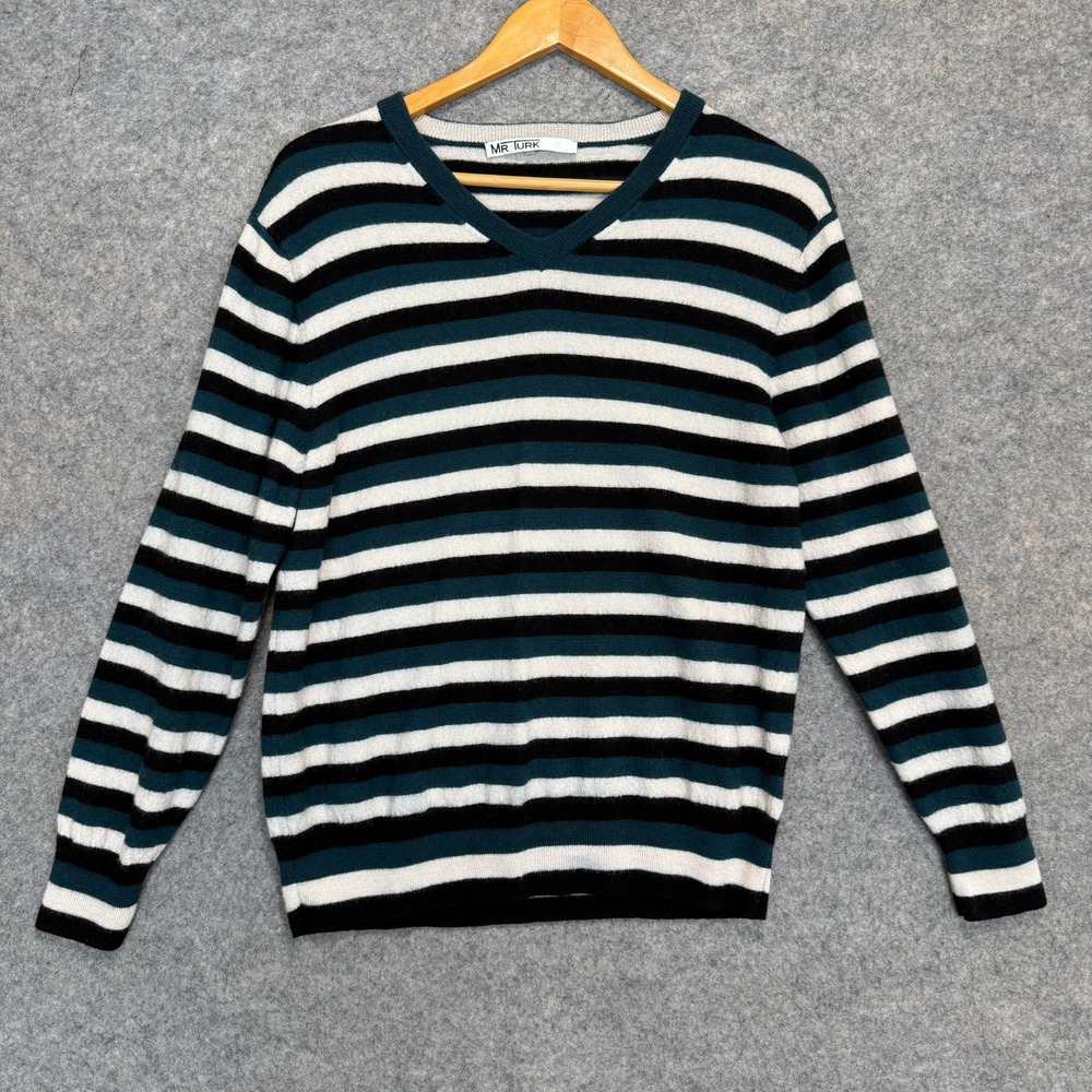 Mr Turk 100% Merino Wool Sweater Adult XL (fits medium) Striped Green Knit Vneck